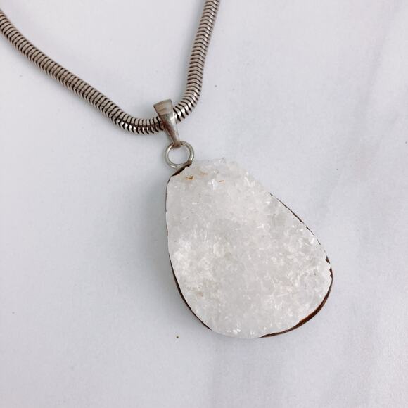 White Druzy Quartz Pendant Necklace on Thick Snake Chain, Boho Style - Picture 5 of 9